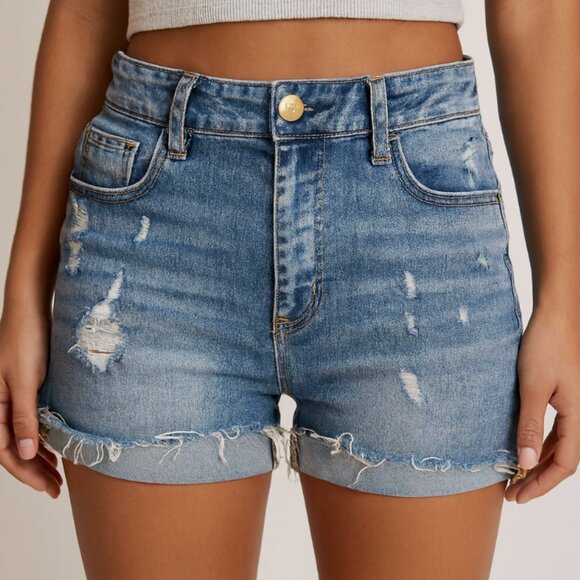 American Eagle Super Stretch Women's Size 4 Medium Wash High Rise Shortie Shorts - Picture 1 of 6